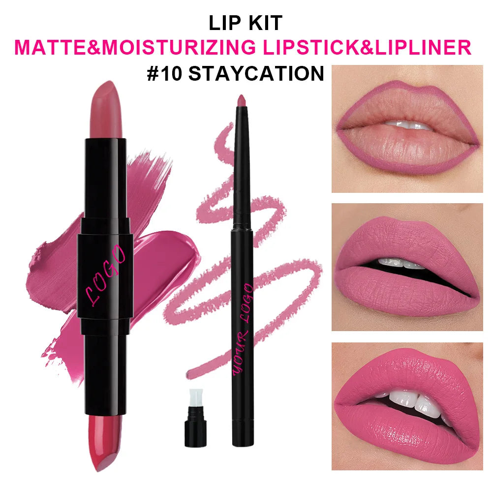 Lipstick with Lip Liner 2-1 Vegan Dual End Two Sides Matte Lipsticks Moist Combined Cosmetic Set