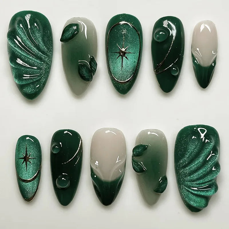24Pcs Metallic Cat Eye French Sheer Manicure Tip Art Textured 3D Acrylic False Nails Nude Pink Almond Medium Press on Fake Nails