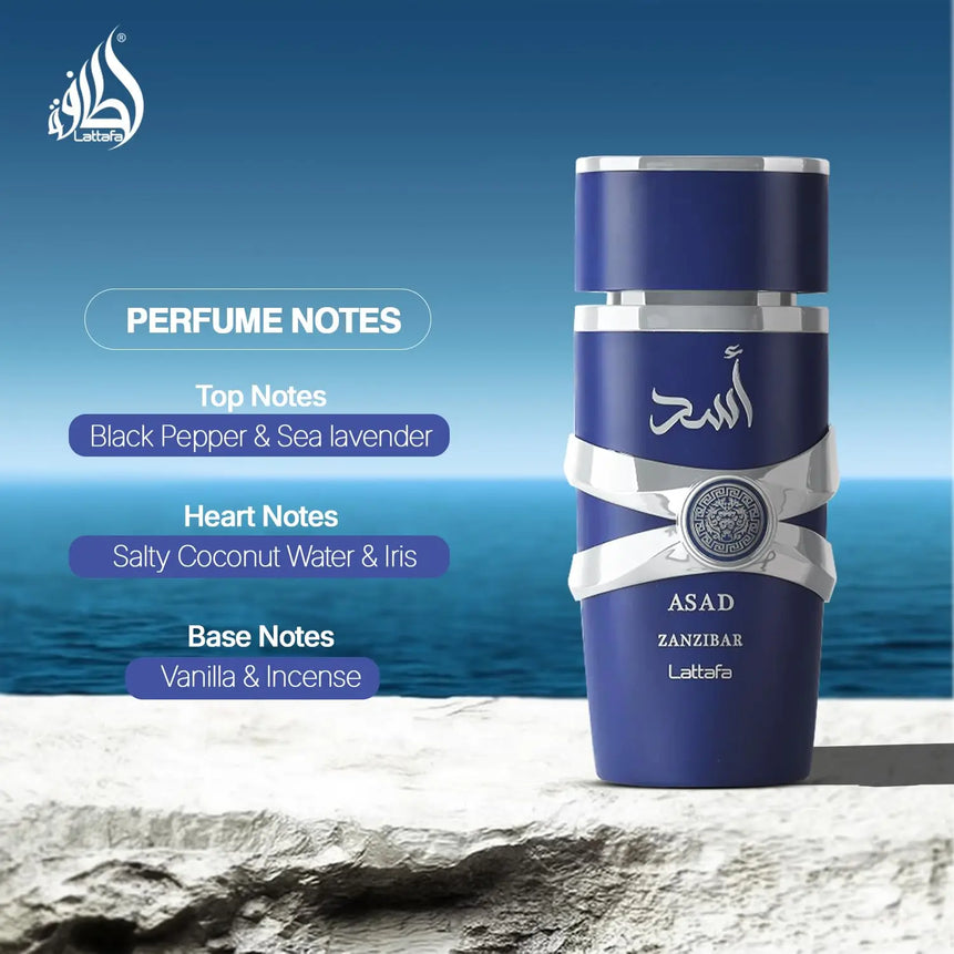 Lattafa Asad Zanzibar Eau De Toilette for Men - Fresh Spicy Vanilla Coconut Long Lasting Fragrance 3.4 Oz/100 Ml Bottle