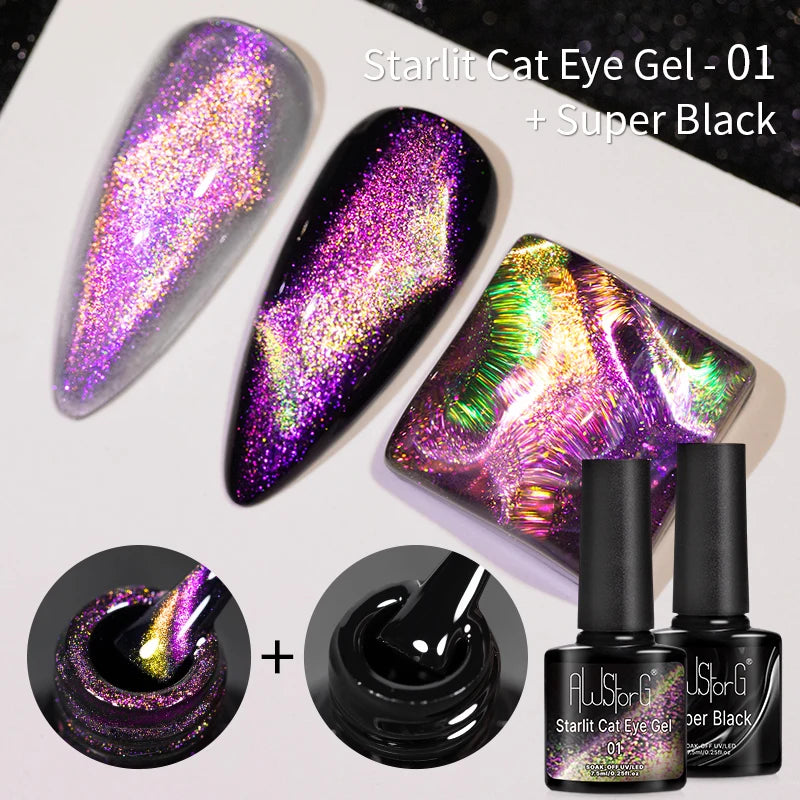 AWStorG 7.5ML Golden Gradient Cat Eye Magnetic Gel Sparkling Glitter Nail Polish Semi Permanent UV Nail Art No Need Base Color