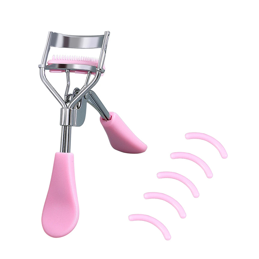 Portable eyelash curler with 5 silicone pads, pink stainless steel with comb curling tool for eyelash extension, eyelash curler