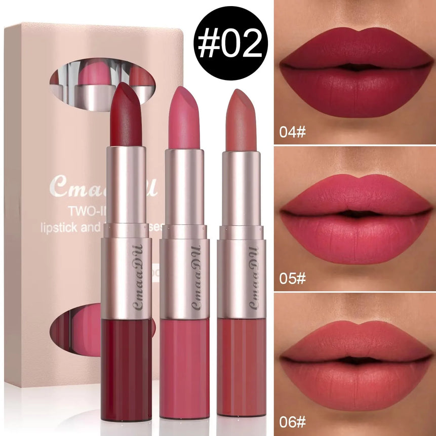 3 Pcs Long-Lasting Lipstick Lip Gloss Set-Double Headed Design for Natural Non-Fading Waterproof Non-stick Cup Exquisite Gift