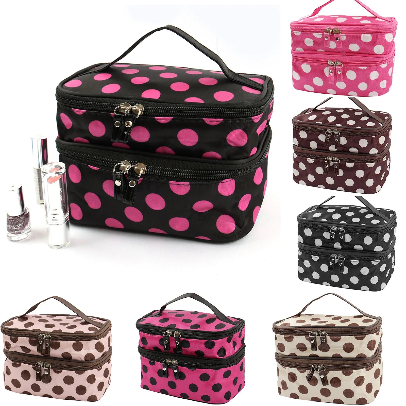 Women'S Travel Cosmetic Makeup Bag Organizer Double Layer Dot Pattern Toiletry Bag Case Pouch With Mirror For Woman