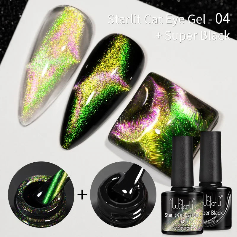 AWStorG 7.5ML Golden Gradient Cat Eye Magnetic Gel Sparkling Glitter Nail Polish Semi Permanent UV Nail Art No Need Base Color