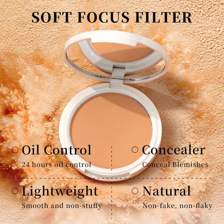QIBEST Pressed Powder Oil-Control Long-Lasting Face Powder Compact Powder Full Coverage Makeup Base Foundation