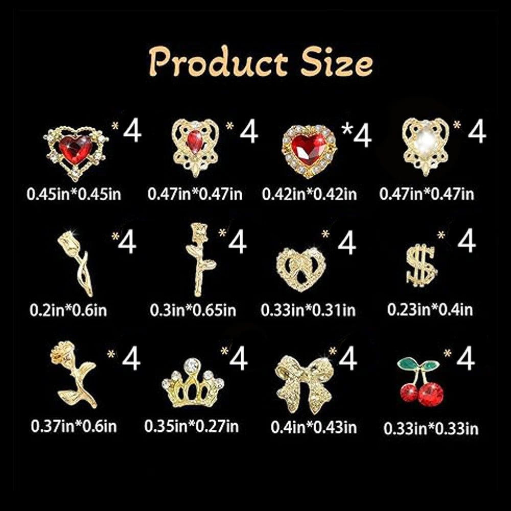 48Pcs 3D Gold Y2K Bulk Art Decor Set Charms Including Heart Rhinestones, Cherries Dollars Roses Crowns and More for Nail