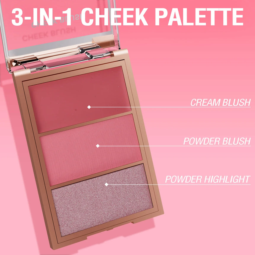 3-in-1 Contouring Blush Palette - Cream & Powder Blush, Contour & Highlight, Buildable Color for a Complete Face & Eye Look
