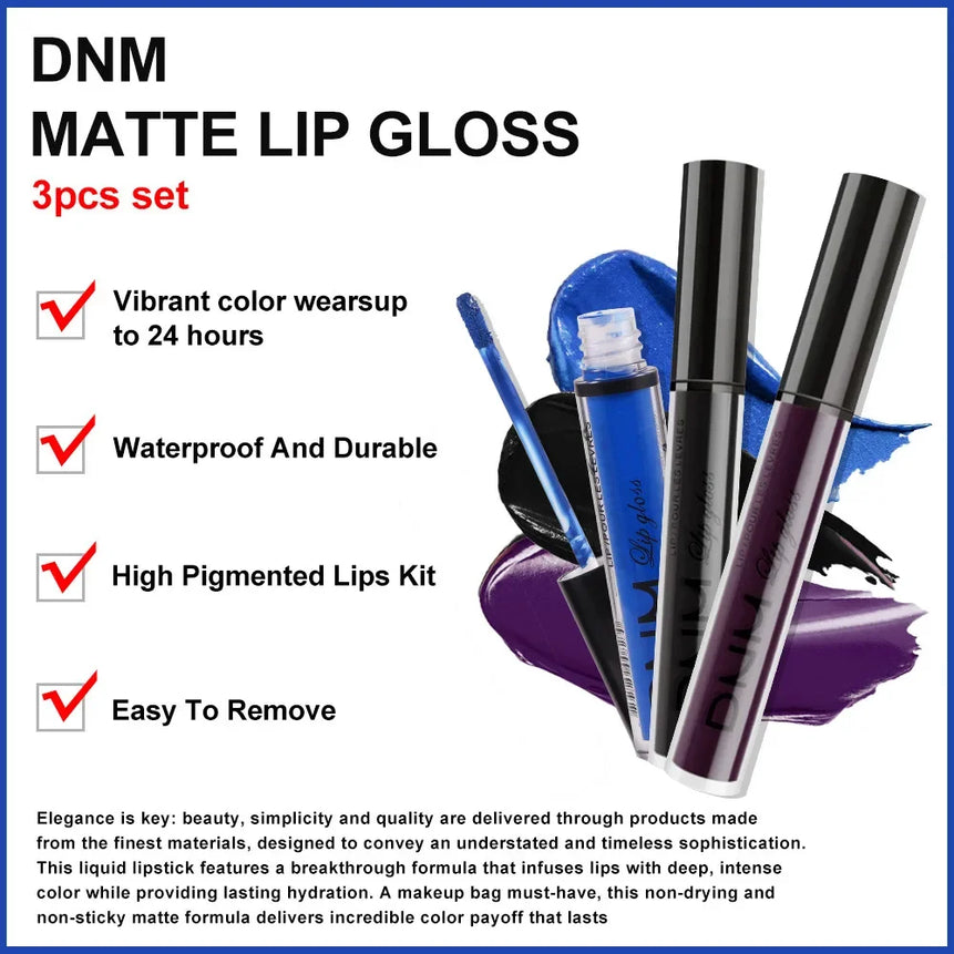 3pcs/set Liquid Lipstick Waterproof Long Lasting Cosmetic Black Blue Purple Green Matte Lip Gloss Nude Lip Tint Stain Makeup Set