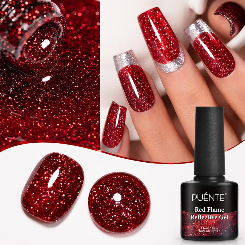 PUENTE 7.5ML Red Flame Reflective Gel Nail Polish Flash Sparkling Red Glitter Nail Gel Soak Off UV Semi-permanent Nail Varnish