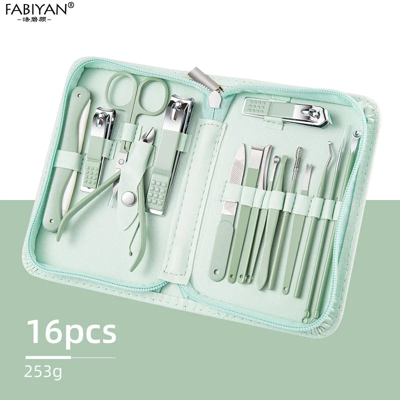 Green 7-22Pcs  Nail Art Cutter Pedicure Scissors Nail Clipper Tool Set Manicure Pedicure Dead Skin Remover With Case