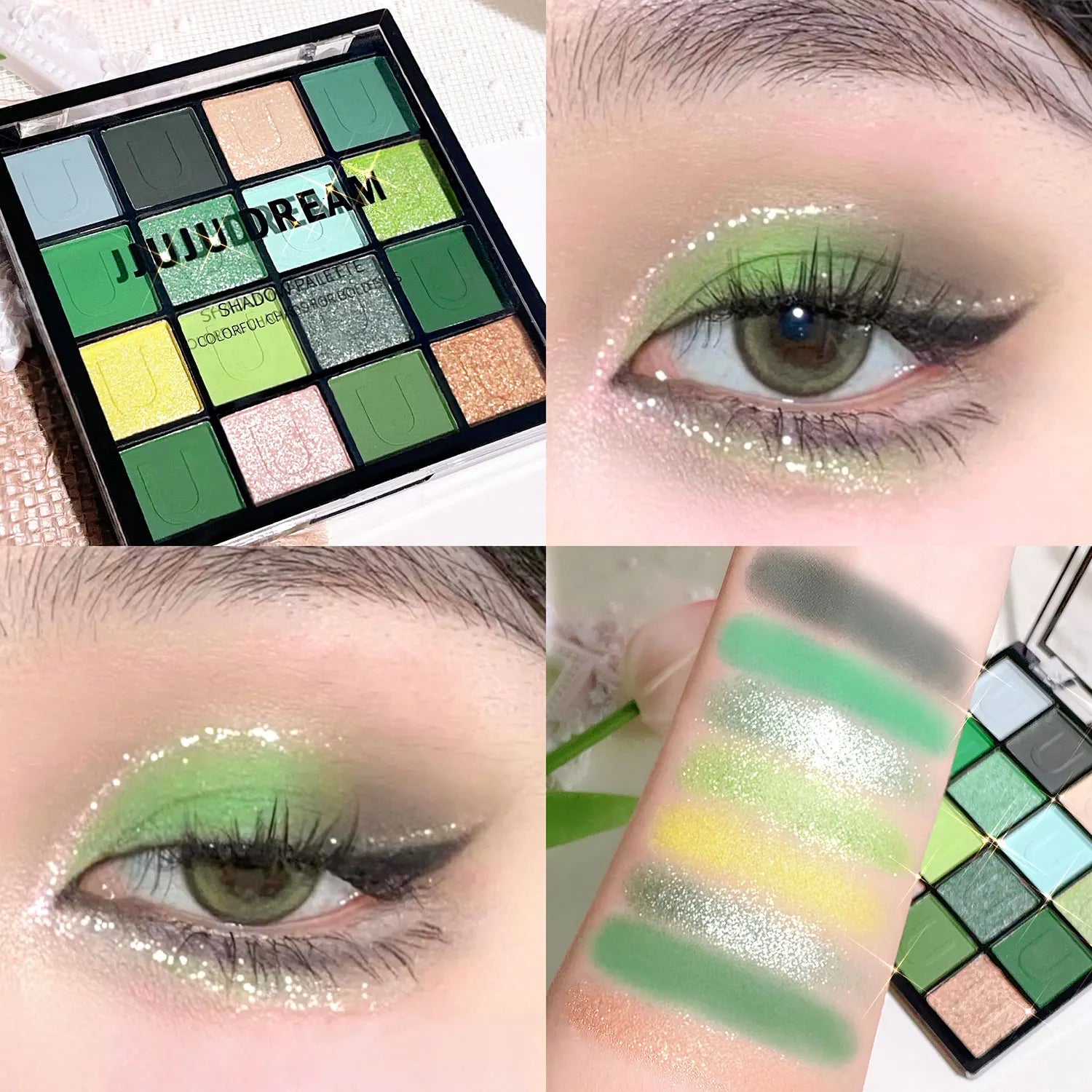 16-Color Eyeshadow Palette: Koi, Mermaid, Enchanted Forest, with pearlescent, matte, and fine shimmer finishes.