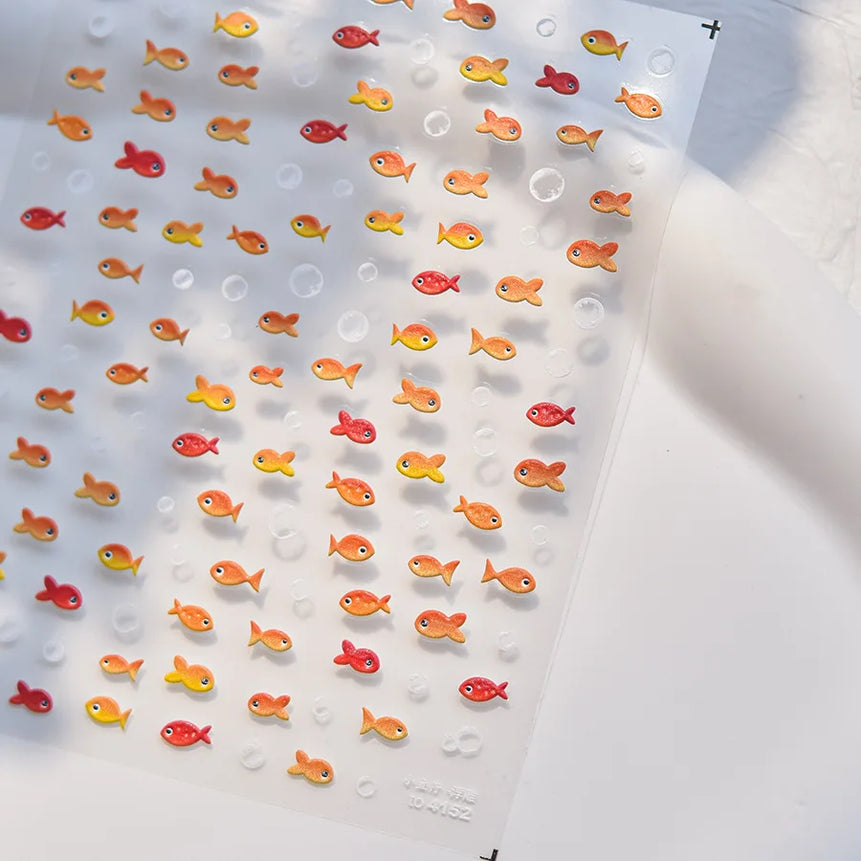 Goldfish Cavort Water Grass Lotus Flower Leaf Brocaded Carp Koi Ripple Droplet Water Bubbles 5D Nail Art Stickers Manicure Decal