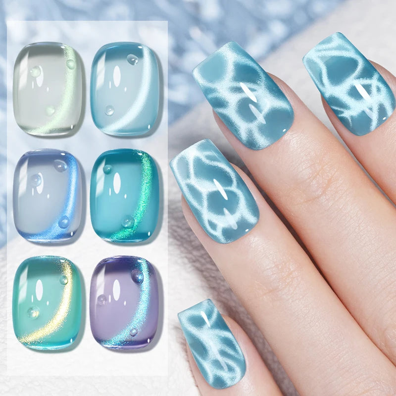 AWStorG 1-6pcs 7.5ml  Ocean Ripple Cat Eye Gel Nail Polish Aurora Flash Blue  Nude Glitter Color Magnet Nail Art Gel Salon Nails
