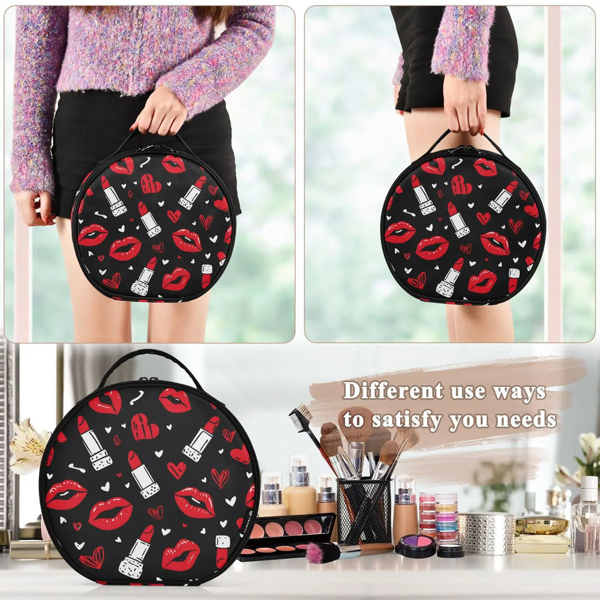 Round hard partition Cosmetic Bag Organizer Women Travel Make Up mouth lipstick pattern Cosmetics Suitcases Makeup Toiletry Bag
