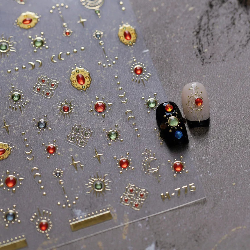 Elegant Gold Scepter 5D Nail Art Stickers Gorgeous Gemstone Luxury Courtly Pattern Necklace Frame Self Adhesive Manicure Decals