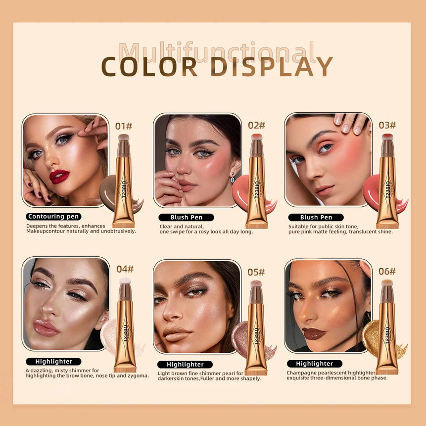 QIBEST Liquid Highlight For Face With Cushion Applicator Natural-looking Cheek Tint Blush Dewy Finish Liquid Contour Makeup
