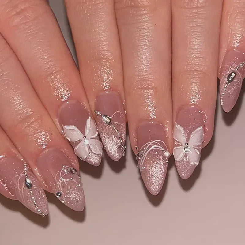 24Pcs Metallic Cat Eye French Sheer Manicure Tip Art Textured 3D Acrylic False Nails Nude Pink Almond Medium Press on Fake Nails