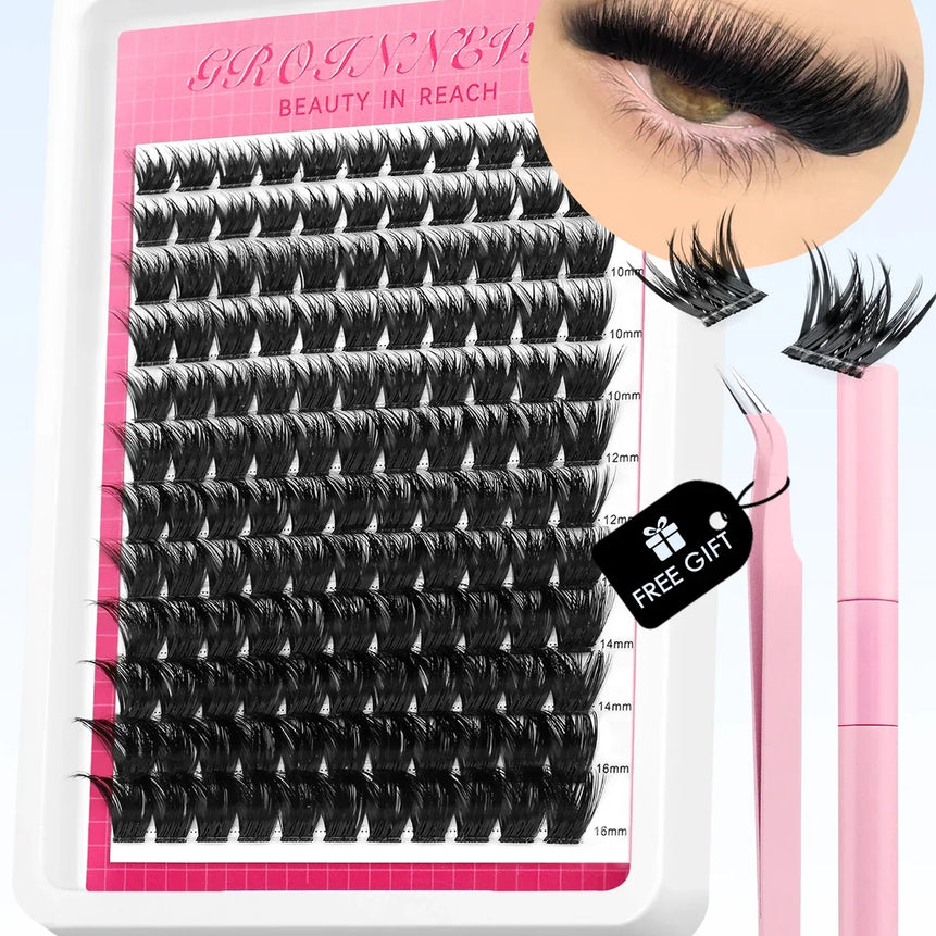 GROINNEYA Lash Clusters Kit Fluffy Individual Lashes C Curl Cluster DIY Lash Extension Kit Lash Bond and Seal Eyelash Extensions