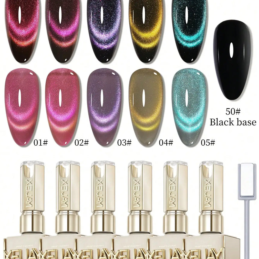 XEIJAYI 15ml Cat's Eye Gel Nail Polish Set, 5Colors Cat Eye And Black Nail Gel Quality DlY Nail
