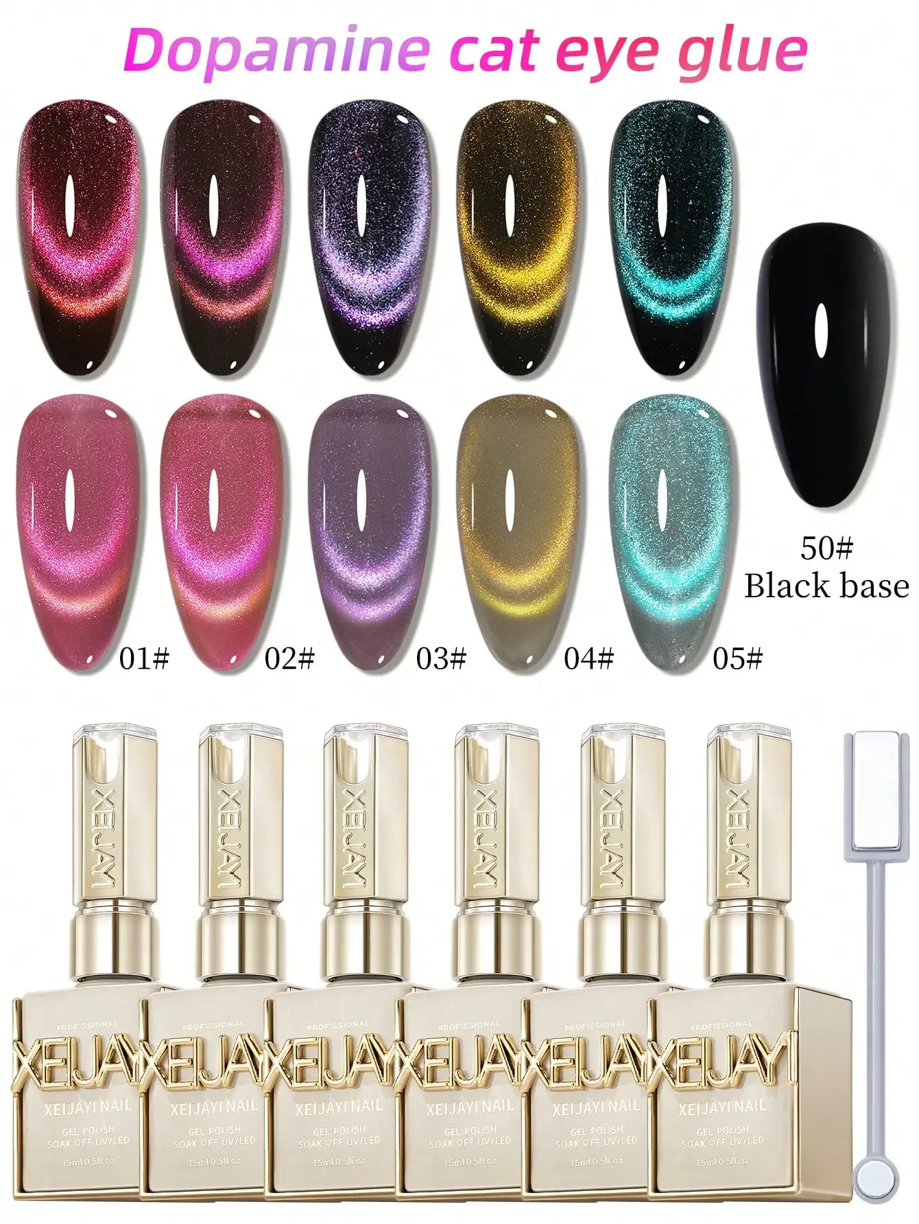 XEIJAYI 15ml Cat's Eye Gel Nail Polish Set, 5Colors Cat Eye And Black Nail Gel Quality DlY Nail