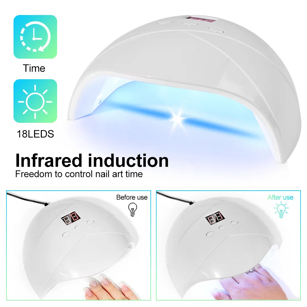 LED/UV Nail Dryer Lamp With 18LEDS Quick Drying Portable Nails Light Have 3 Timer Modes LCD Display for Manicure Salon/Home Tool