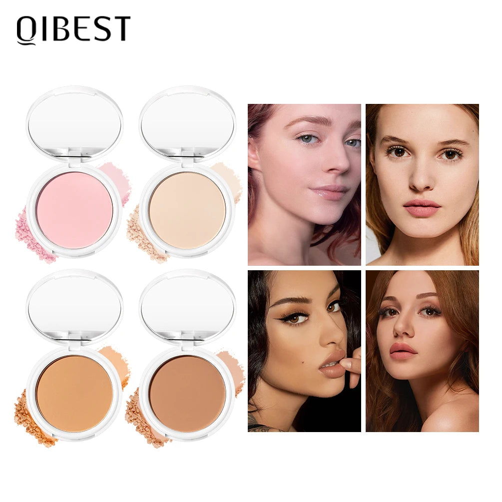 QIBEST Pressed Powder Oil-Control Long-Lasting Face Powder Compact Powder Full Coverage Makeup Base Foundation