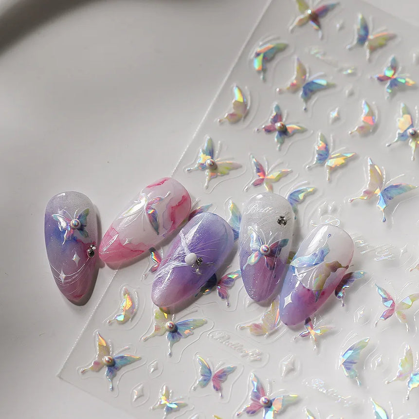 1pcs 5D Rhinestones Butterfly Nail Stickers Kawaii AB Shiny Butterfly Adhesive Nail Art Decorations Decal Design Manicure Tools