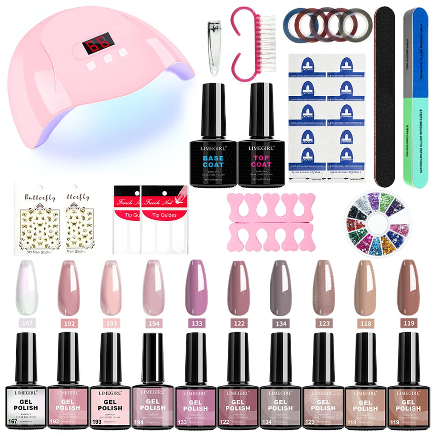 LIMEGIRL 8ml Gel Nail Polish Kit UV Soaking Gel Primer Polish Manicure Kit with UV LED Lamp Dryer Semi-Permanent Gel Varnish Kit