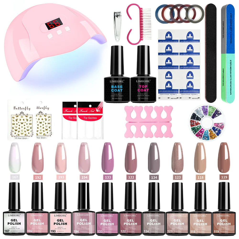 LIMEGIRL 8ml Gel Nail Polish Kit UV Soaking Gel Primer Polish Manicure Kit with UV LED Lamp Dryer Semi-Permanent Gel Varnish Kit