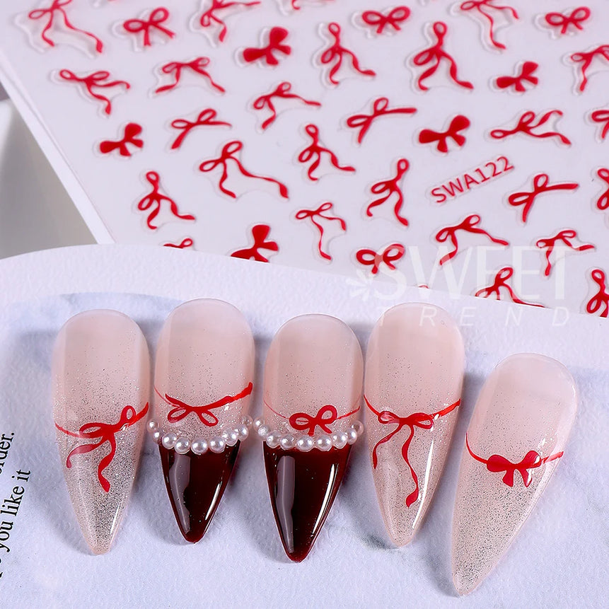 4/8pcs Bowknot Ribbon Nail Stickers Mini Kawaii Lace Bow Tie Design Self-Adhesive Nail Art Decals DIY Manicure Supplies Decor