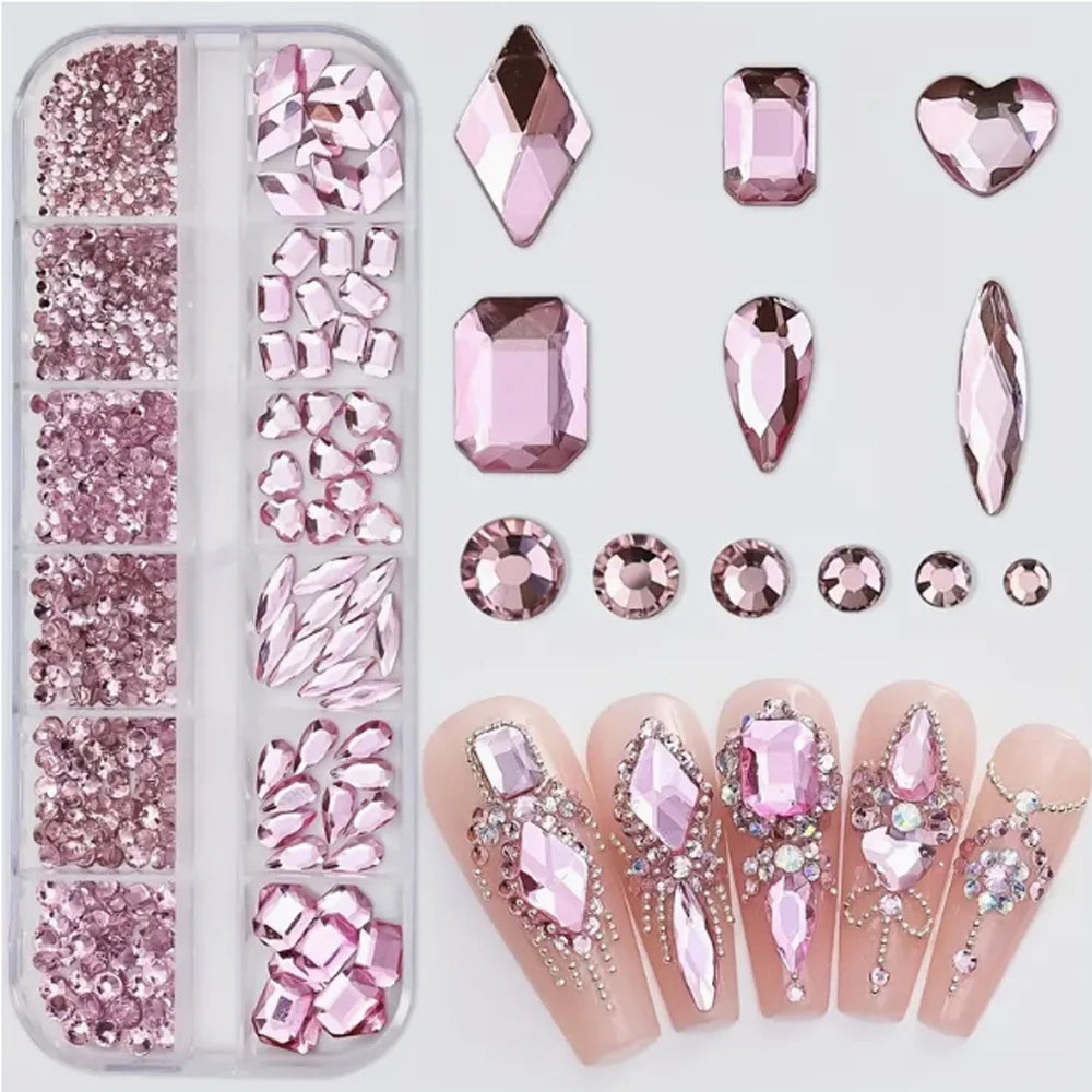 12Grids Pink Mixed Nail Rhinestones Luxury Nail Charms Glitter Crystal Jewelry Gems Nail Art Decoration Manicure Rhinestones