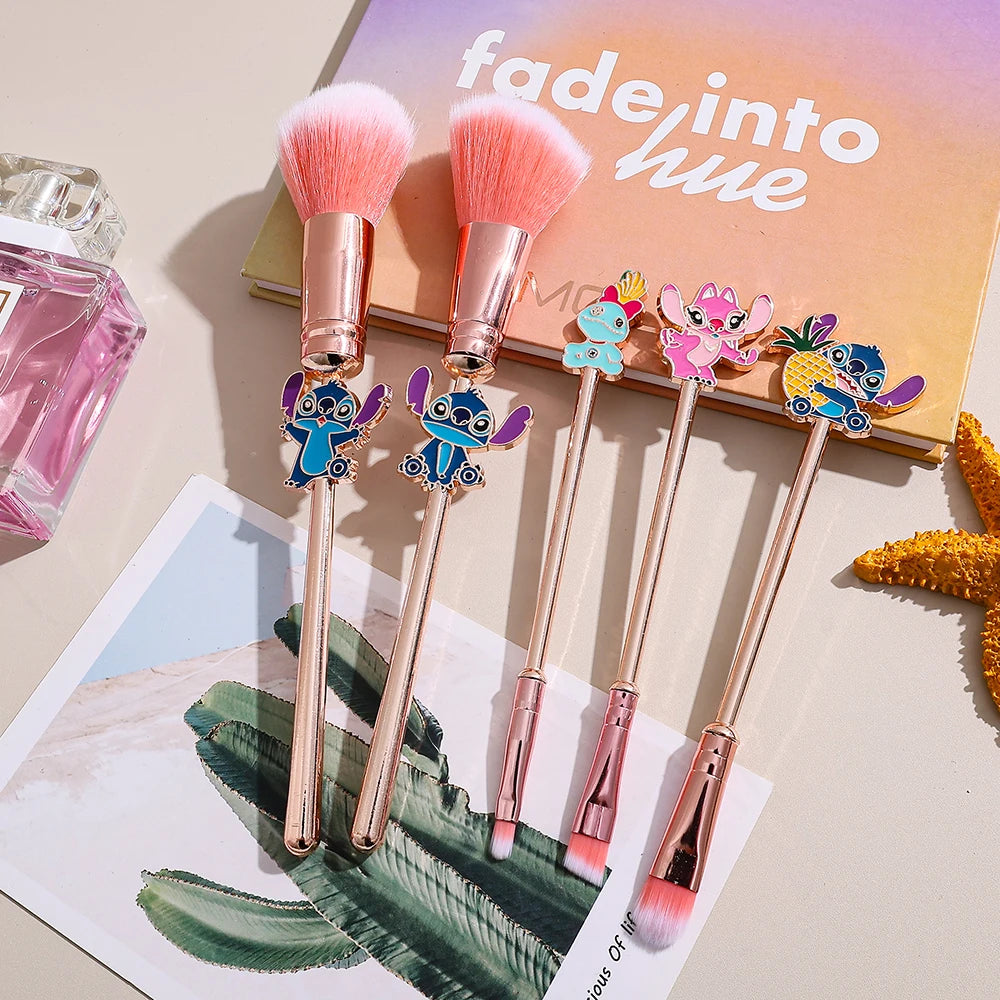 NEW 5PCS Disney Stitch Makeup Brush Set - Soft Fluffy Foundation Blush Cute Cosmetic Tools With Pouch Perfect Christmas Gift