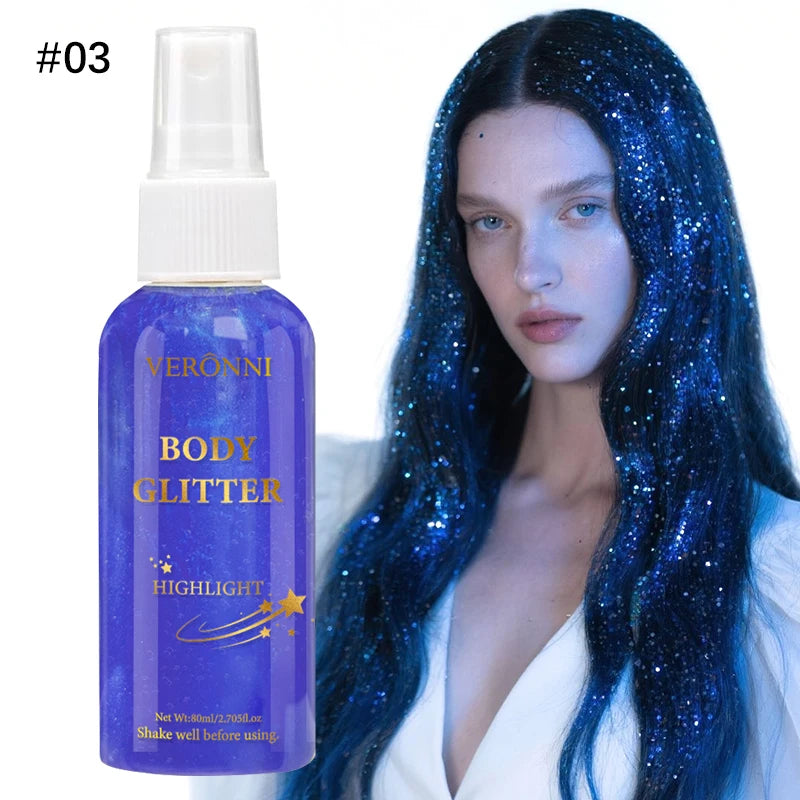 Liquid highlighter spray, high shine glitter spray, holographic highlighter spray, long lasting body halloween party makeup