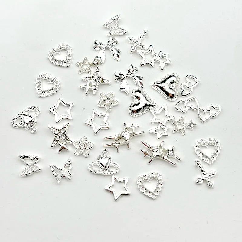 30Pcs Pink Nail Charms Alloy Rhinestones 3D Star Butterfly Heart Cross Gem Nails Crystal Diamond Nail Art Decoration Accessories