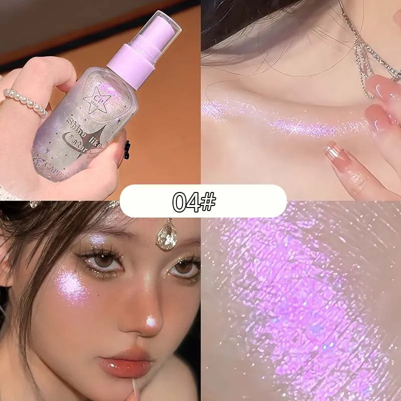 Diamond Face Body Glitter Spray Makeup Champagne Violet Bronzer Liquid Highlighter Flash Spray Shimmer Face Body Hair Makeup