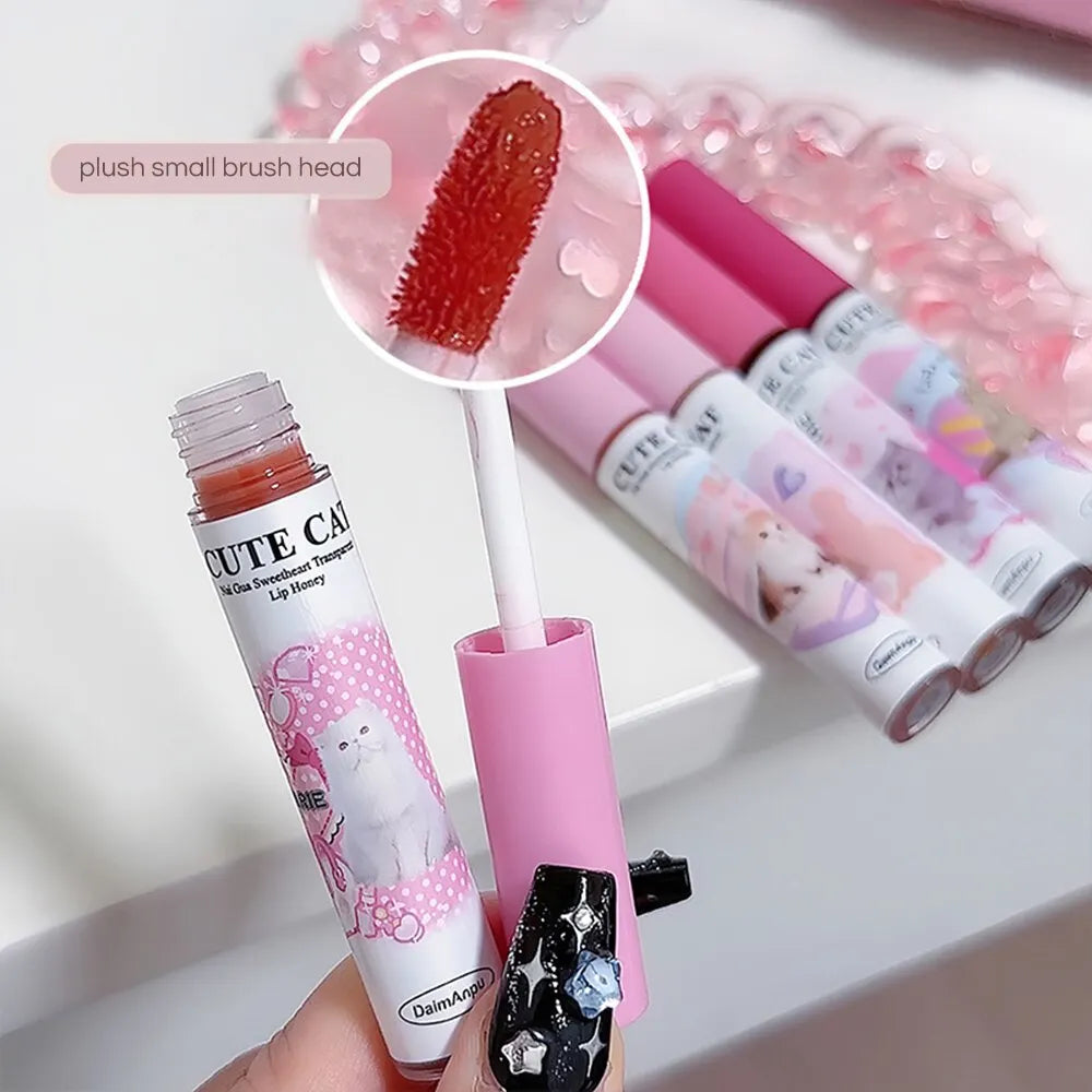 Cute Cat Fun Mirror Lip Glaze Set 6 Colors Highly Pigmented Lip Stain Hydrating Glossy Lip Makeup Perfect Gift