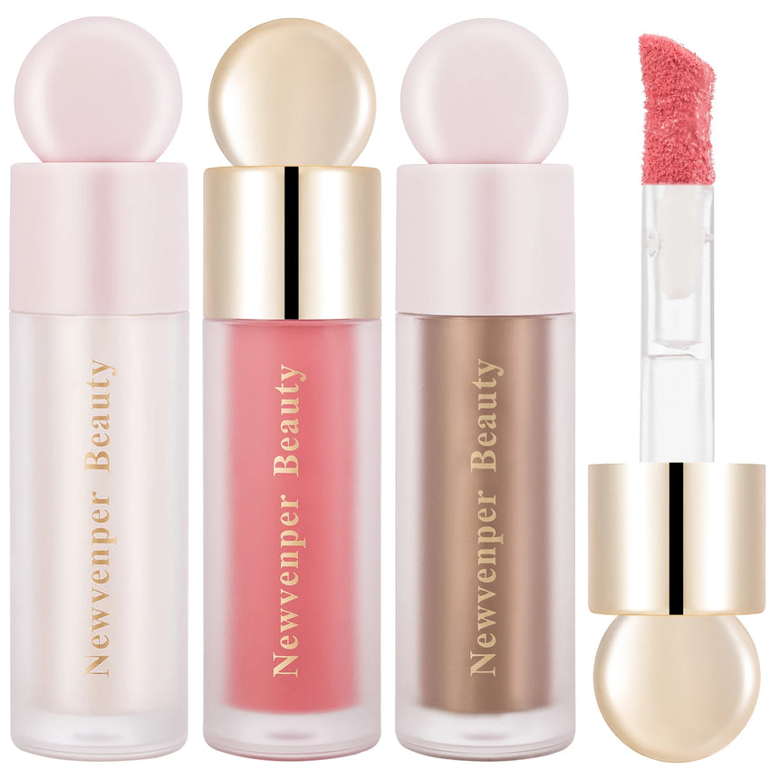 Liquid Highlighter+Blush+Contour Stick Set for Face & Body Silky Natural Glow Liquid Luminizer Matte Pink Shadow Face Makeup
