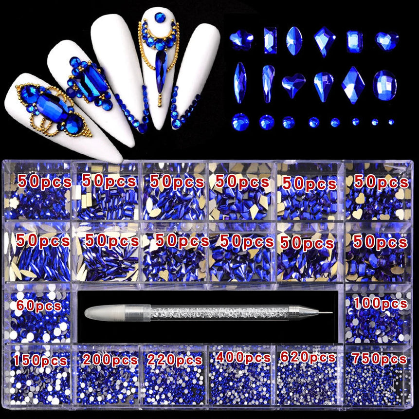 21 grid nail art diamond flat bottom glass diamond multi-style special-shaped diamond shiny nail rhinestone DIY nail art jewelry