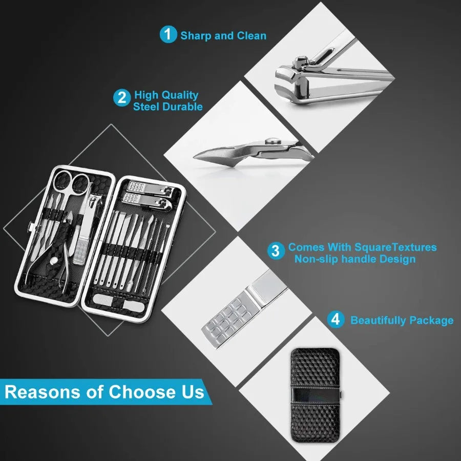 18Piece Stainless Steel Nail Clippers Set for Fingernail and Toenail Trimming Professional Manicure and Pedicure Kit with Luxur