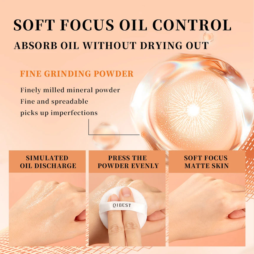 QIBEST Pressed Powder Oil-Control Long-Lasting Face Powder Compact Powder Full Coverage Makeup Base Foundation
