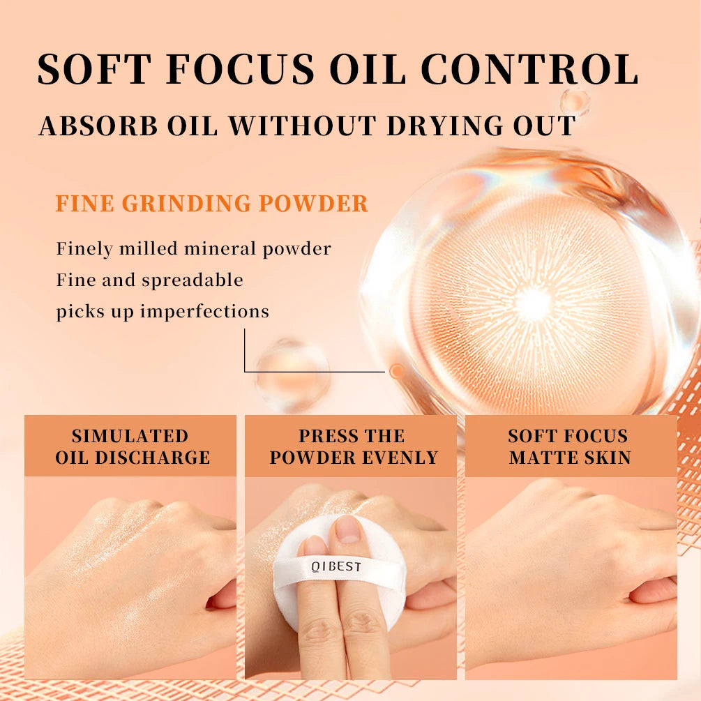 QIBEST Pressed Powder Oil-Control Long-Lasting Face Powder Compact Powder Full Coverage Makeup Base Foundation
