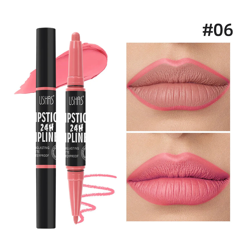 Waterproof Lipstick Lip Liner Contouring Crayon Non-stick Cup 2 IN 1 Double Headed Lipstick Matte Nude Sexy Lipliner Pen Makeup