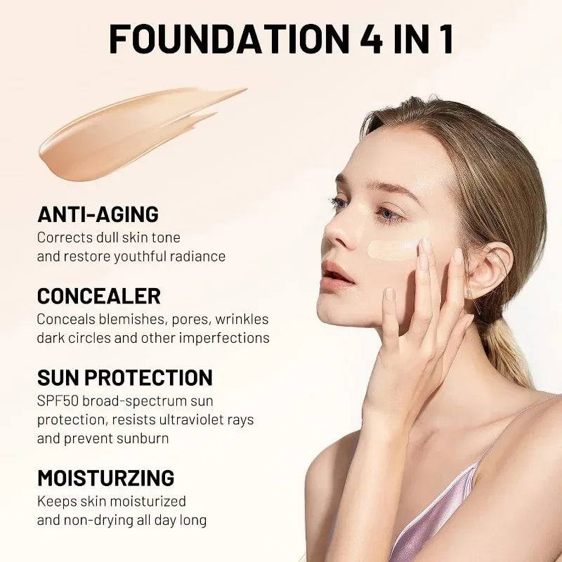 4-in-1 Liquid Foundation | Hydrating, Medium Full Coverage, SPF 50+, Long-Wearing, Waterproof, Natural Face Makeup
