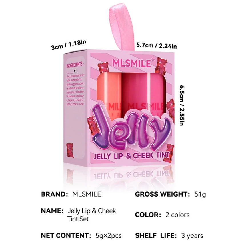 2PCS Jelly Lip&Cheek Tint Set 2 in1 Blush Lip Gloss Stick Hydrating Long-Lasting Refreshing Face Contouring Cream Stick