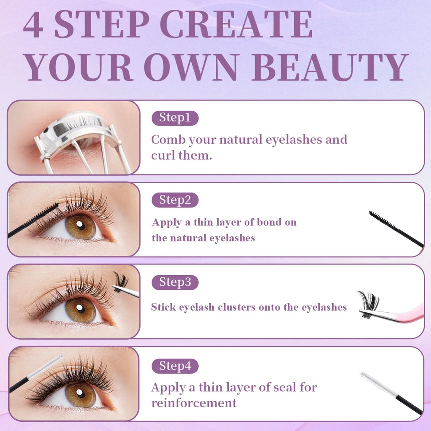 ISEEN DIY Eyelash Extension Kit Cluster Mix Eyelashes Full Set Lashes Kit with Lash Bond & Seal and Eyelash Tweezers and Brush