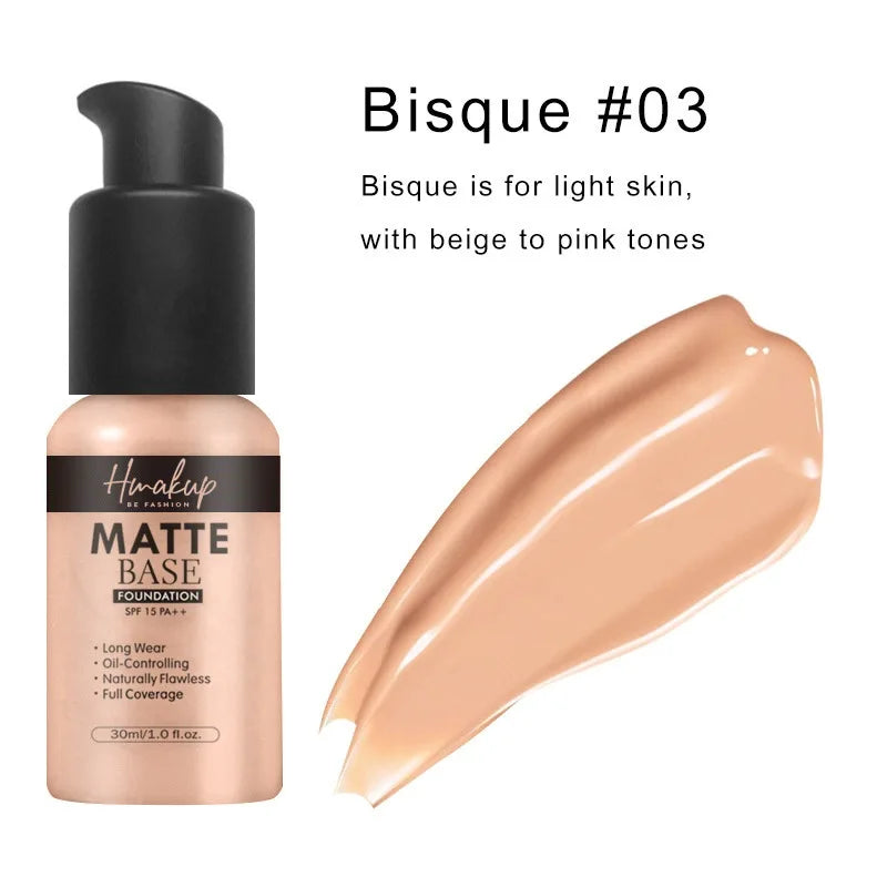 30ml 6-Color Matte Liquid Foundation | Oil-Control, Waterproof, Long-Lasting, Full Coverage, Natural Face Base and Concealer Makeup