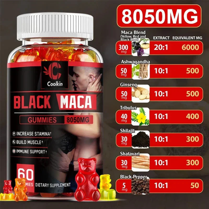 Black Maca Gummies - Performance and Mood Supplement, Supports Natural Health, Muscle Growth, Energy - 60 Gummies