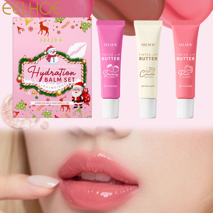 3 Packs Tinted Lip Balm Set Christmas Gift Box Hydrating Lip Care with Sheer Color Moisturizing Lipstick for Dry Chapped Lips