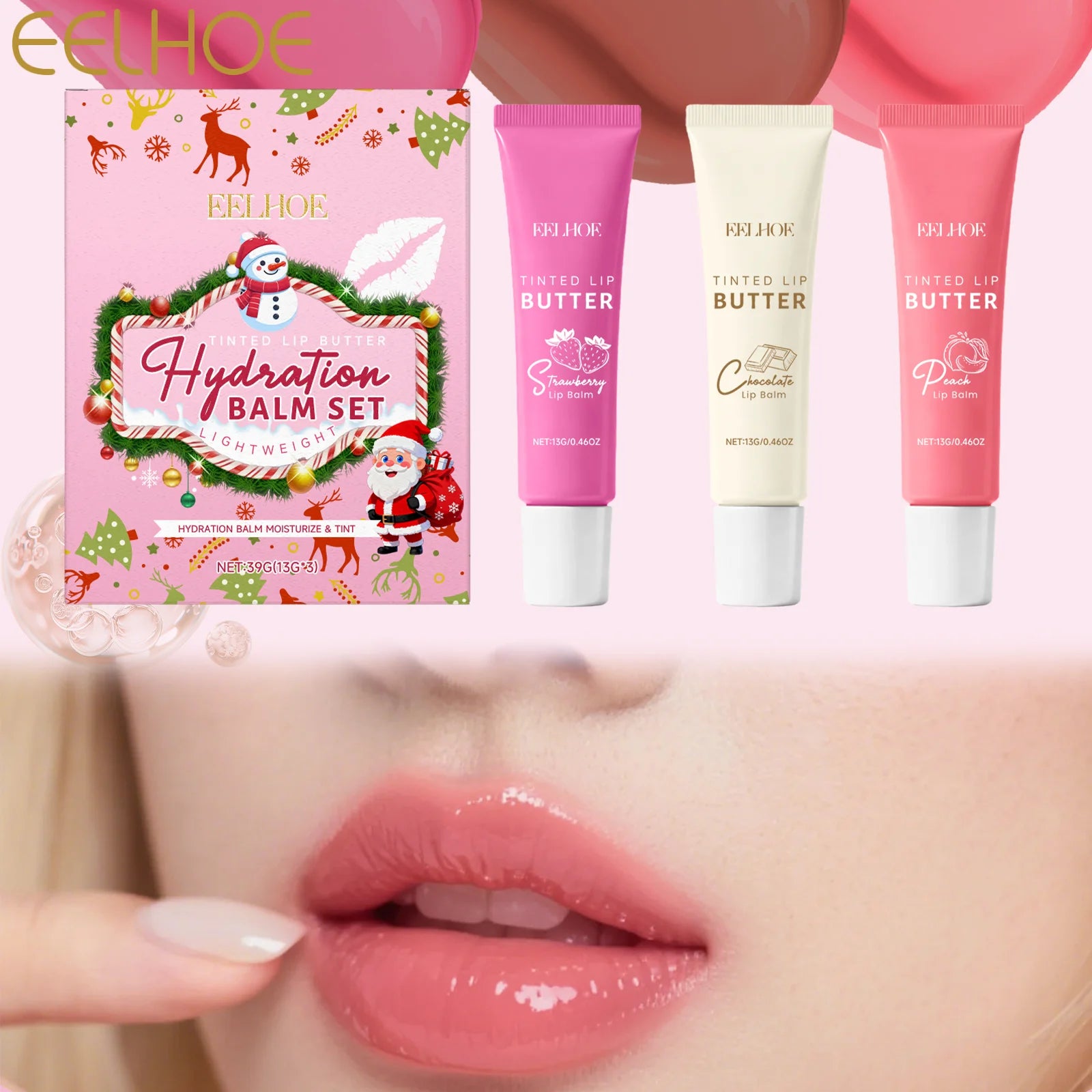 3 Packs Tinted Lip Balm Set Christmas Gift Box Hydrating Lip Care with Sheer Color Moisturizing Lipstick for Dry Chapped Lips