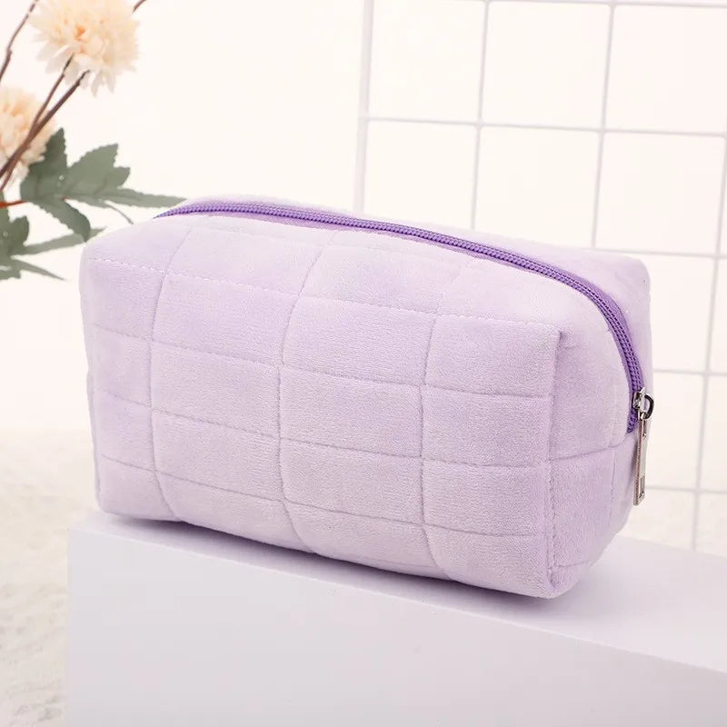 Cute Soft Plush Small Cosmetic Bag Portable Travel Pouch Solid Color Zipper Toiletry Storage Organizer for Women Makeup Bag